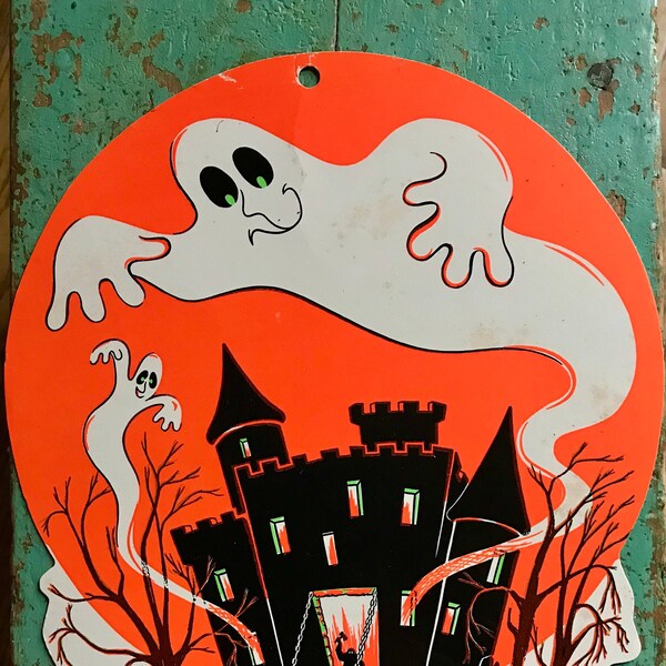 Vintage Halloween Old Beistle Collectible Cut Out Ghost Haunted House Castle Prop Die Cut Autumn Display Fall Decor October Friendly Spirits