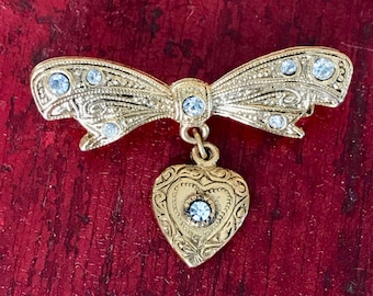 Vintage Valentine's Day Heart with Bow Brooch Pin Old Holiday Costume Diamond Gold Jewelry Dainty Mothers Day Friendship Love Gift Present