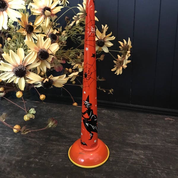 Vintage Halloween Noisemaker Tin Horn Kirchhof Tall Old Witch Bats Spiders Cobwebs Crescent Man in the Moon Decor Display Toy Collectible