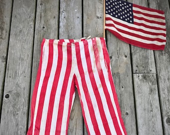 Antique Uncle Sam Patriotic Red and White Striped Childs Cloth Costume Handmade Old 1920s Primitive Prop Vintage 4th of July Decor Display