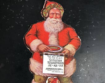 Antique Santa Claus 1900s Old Collectible Advertising Simplex Typewriters Paper Ornament Belsnickle Holly Leaves St Nicholas Xmas Ephemera