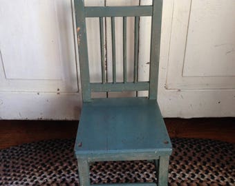 Antique Primitive Wooden Childs Chair Dark Seafoam Green Paris Manufacturing Company Maine 1920s Old Chippy Crackled Patina Decor Display