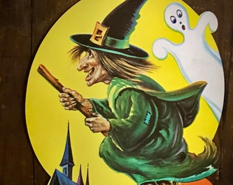 Vintage Halloween Die Cut Witch Flying On Broomstick Full Moon Ghost Haunted House Old Collectible Spooky Autumn Decor Display 1960s Prop