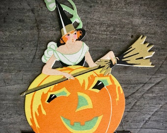 NOS Antique Halloween 1920s Art Deco Gibson Witch Sitting in Jack O Lantern Pumpkin Head Place Card Old Collectible Fall Decor Display Prop