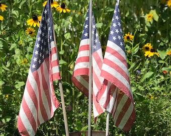 Vintage Parade Flags Set of 3 Faded Old Glory Independence Day 4th of July Memorial Veterans America Stars & Stripes Primitive Decor Display