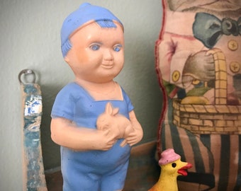 Antique Easter Rattle Celluloid Childs Toy Little Boy Holding Bunny Rabbit Old Collectible Holiday Decor Display Irwin Plastic USA 1930s Era