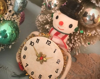 Vintage Snowman Clock Ornament 1960s Christmas Decor Holiday Display Japan Old New Years Eve Retro Frosty Craft Repurpose Gift Winter Prop