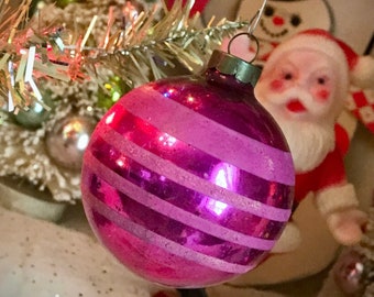 Vintage Christmas Shiny Brite Pink Fuschia Glass Striped Flocked Glitter Tree Ornament Collectible Holiday 1950s Retro Decor Display Prop