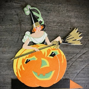 NOS Antique Halloween 1920s Art Deco Gibson Witch Sitting in Jack O Lantern Pumpkin Head Place Card Old Collectible Fall Decor Display Prop
