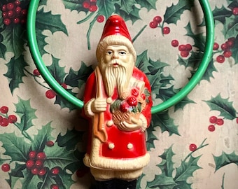 Antique Early Celluloid Santa Claus Ornament Old Collectible Holiday Decor Christmas Feather Tree Display Prop Belsnickle St Nick Toy Gift