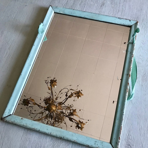 Vintage Aqua Teal Robins Egg Blue Chippy Farmhouse Mirror Old Collectible Shabby Chic Cottage Decor Display Bedroom Bathroom Primitive Prop