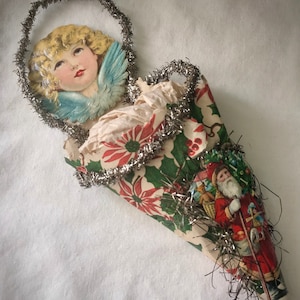 Antique Victorian Christmas Cornucopia Old Santa Claus Scraps Golden Tinsel Early Holiday Xmas Decor Display Ornament Prop Candy Container