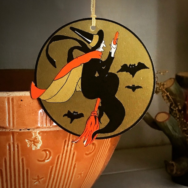 Antique Halloween Witch Flying on Broomstick Vintage Owls Gilded Tally Card Gibson Old Collectible Decor Display 1920s Era Prop Ornament