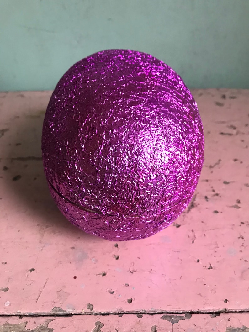 Vintage German Fuchsia Color Shiny LARGE Foil Easter Egg Candy Container Old Collectible Holiday Bunny Rabbit Basket Prop Decor Display