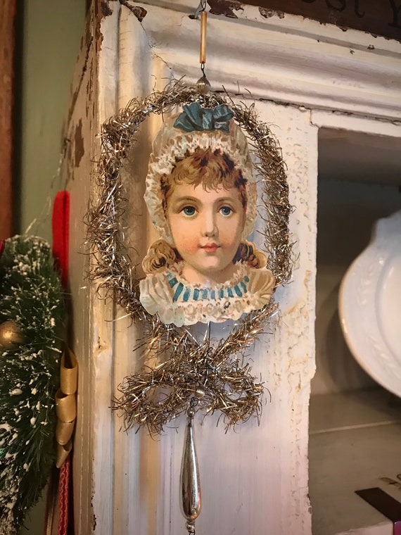 Antique Little Girl Bonnet Tinsel Victorian Scrap Christmas