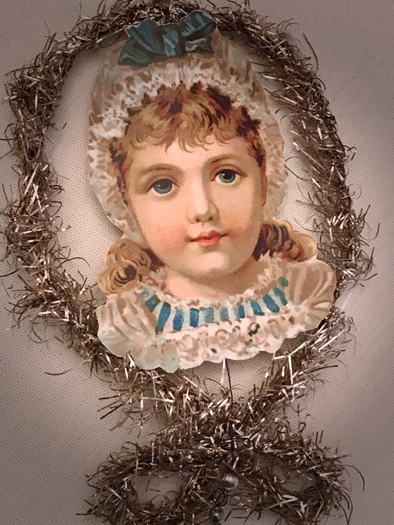 Antique Little Girl Bonnet Tinsel Victorian Scrap Christmas Ornament Glass  Beads Old 1900s Vintage Holiday Decor Display Feather Tree Prop 