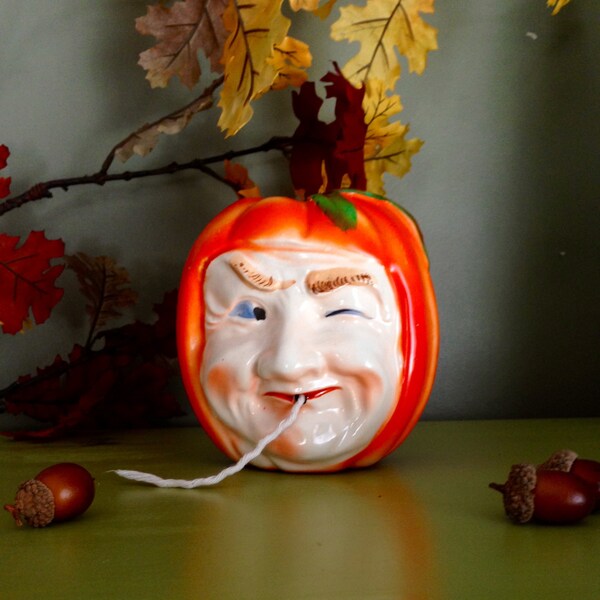 RESERVED Vintage Halloween Pumpkin Man Anthropomorphic String Yarn Holder Antique Made in Japan