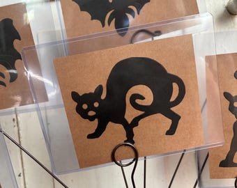 Antique Halloween Silhouette Cut Out 1930s Era Old Spooky Shadows Holiday Decor Autumn Fall Display Prop Vintage Arched Black Cat Cut Out