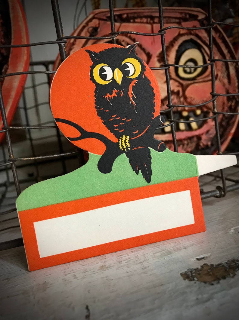 Vintage Halloween 1930s Owl on Branch Full Moon Place Card UNUSED Near ...