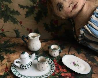 Vintage Doll House Tea Set Coffee Pot Creamer Sugar Bowl Ceramic Old Collectible Plaything Holly Leaves Berries Christmas Decor Display