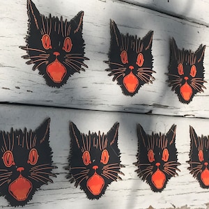 Antique Dennison Halloween Hissing Black Cat Face 1930s Era Old Collectible Lot of 7 Cut Outs Spooky Scary Die Cuts Holiday Decor Display