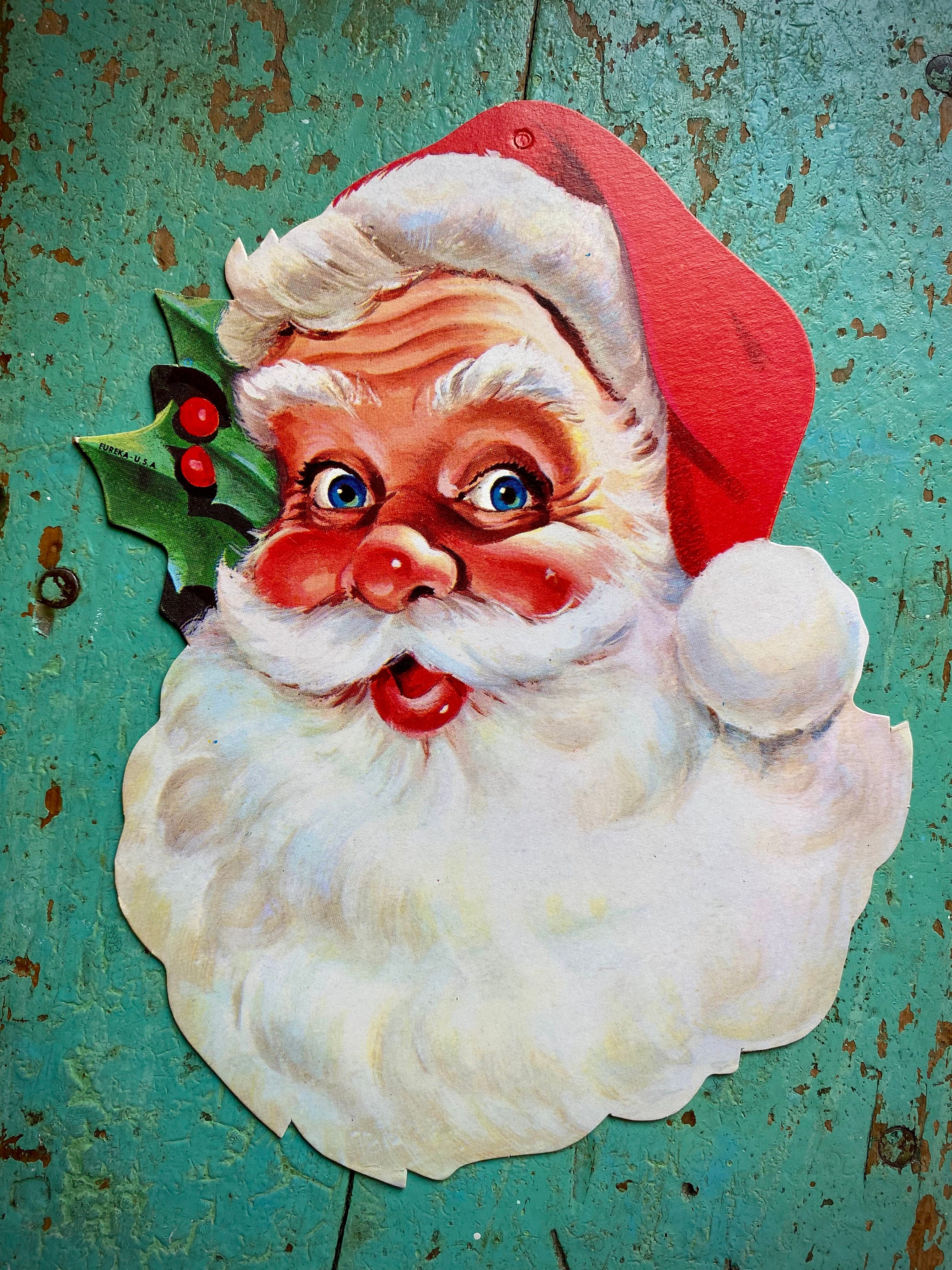 Vintage Santa Claus Jovial Face Holly Leaves Berries Holiday Decoration Display Christmas Cut Out Ornament Xmas Collectible Eureka Die Cut