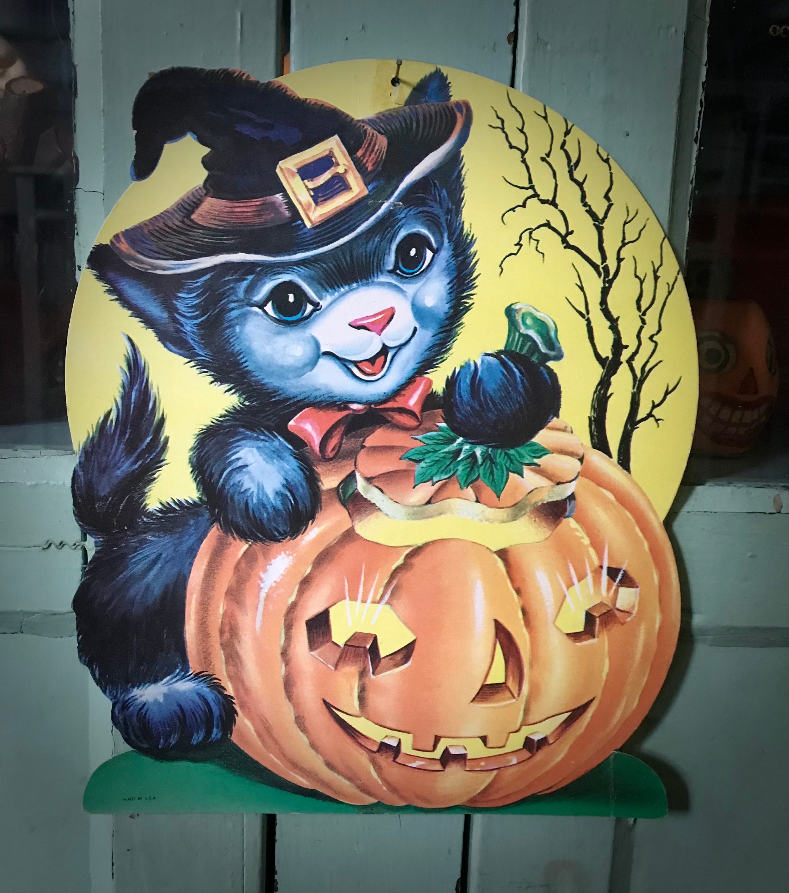 Vintage Halloween Die Cut Kitten Witch Jack O Lantern Pumpkin Head