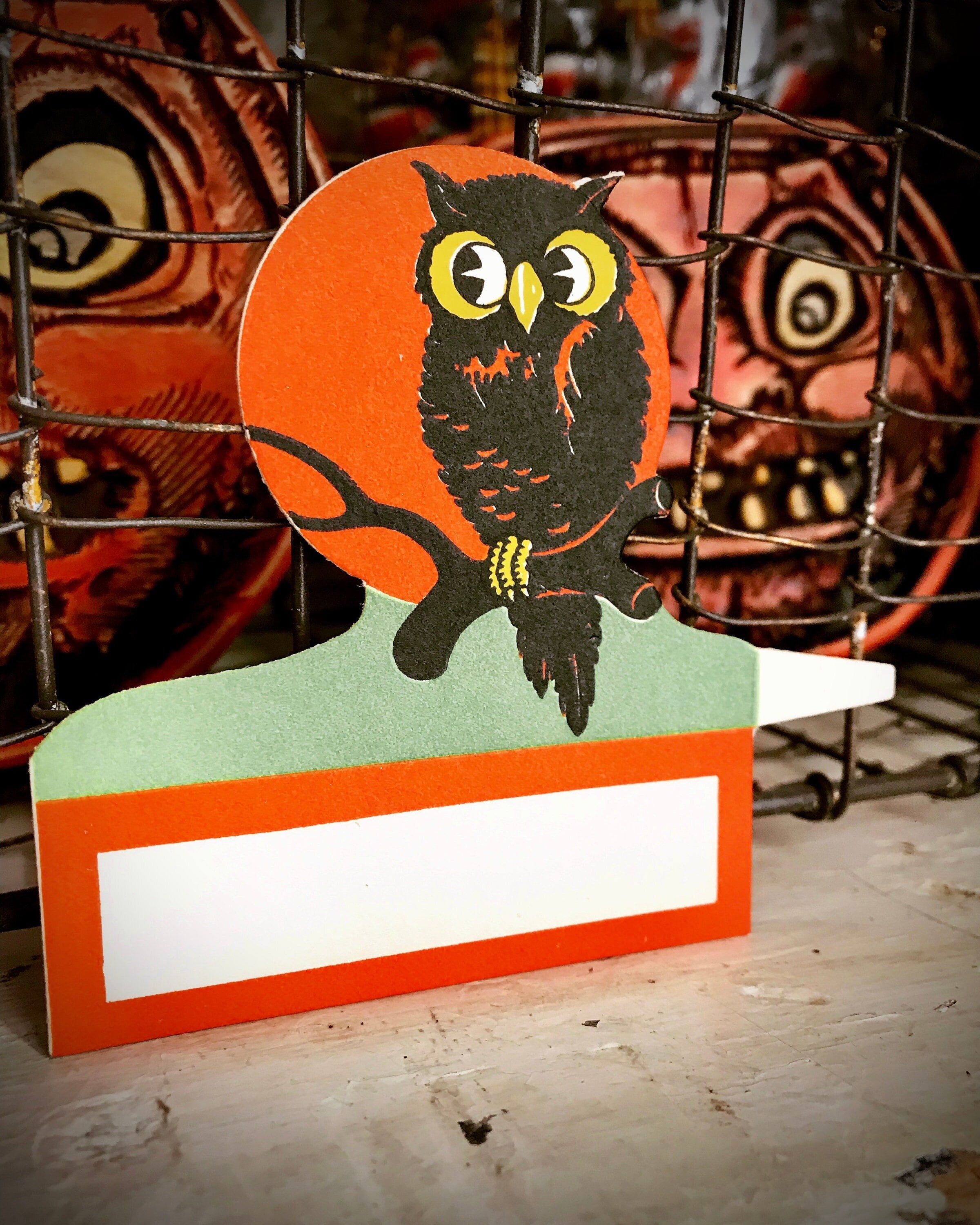 Vintage Halloween 1930s Owl On Branch Full Moon Place Card UNUSED Near Mint Old Collectible Party Fa