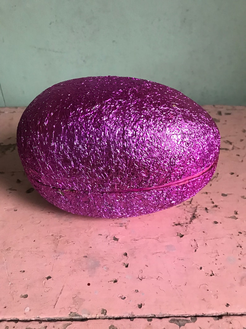 Vintage German Fuchsia Color Shiny LARGE Foil Easter Egg Candy Container Old Collectible Holiday Bunny Rabbit Basket Prop Decor Display