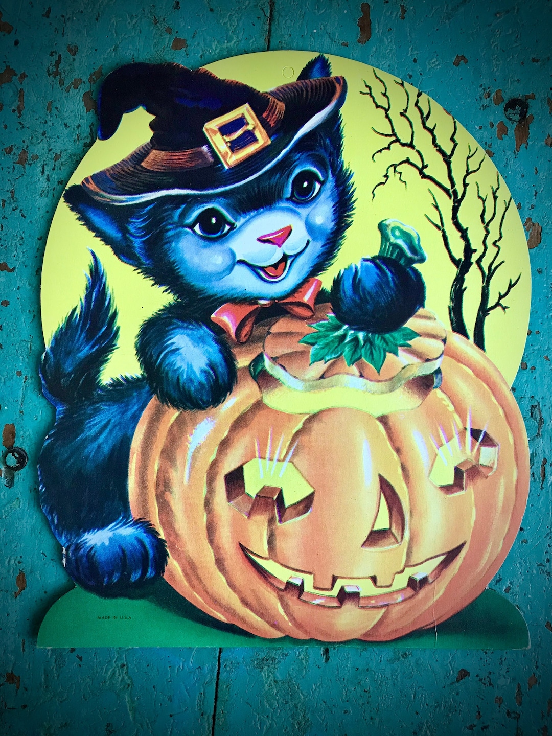 Vintage Halloween Die Cut Kitten Witch Jack O Lantern Pumpkin Head Full ...