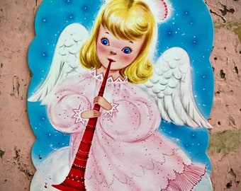 Vintage Christmas Cut Out Angel Halo Playing Horn Holiday Die Cut Xmas Decor Display Prop Old Collectible 1960s Era Kitschy Religious Gift