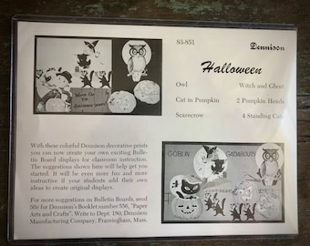 May include: Black and white illustration of a Halloween scene with a witch, a goblin, a cat in a pumpkin, an owl, and a scarecrow. The illustration is from a vintage Dennison paper arts and crafts booklet. The text on the page reads "Watch Out For Halloween Spooks!" and "Dennison Halloween".