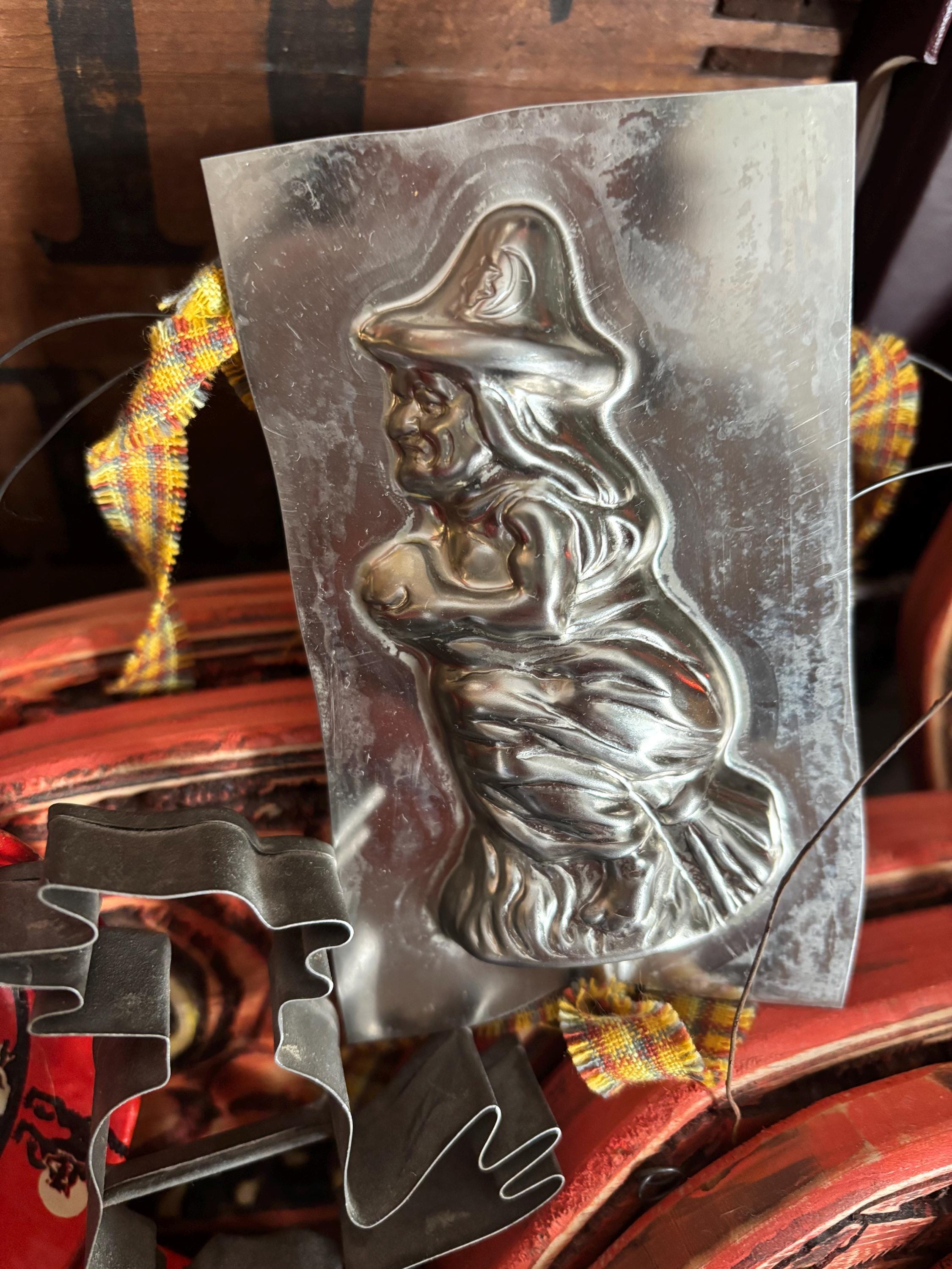 Vintage Witch Flying on Broomstick Old Tin Collectible Halloween