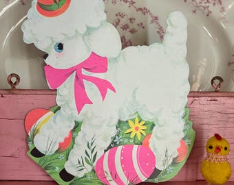 Vintage 1960s Dog with Hat Poodle with Painted Colorful Easter Eggs Holiday Flowers Springtime Decoration Cut Out Decor Display Prop Gift