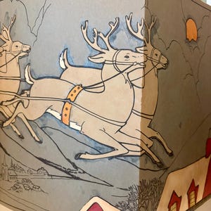 Antique Christmas Poster Old Early Santa Claus Flying in Sleigh Reindeer Winter Wonderland Holiday Decor 1930s Xmas Display Holly Jolly Prop