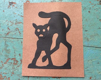 Antique Halloween Silhouette Cut Out 1930s Era Old Spooky Shadows Holiday Decor Autumn Fall Display Prop Vintage Hissing Black Cat Cut Out
