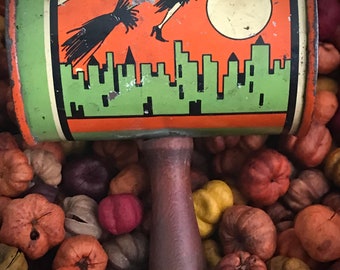 Vintage Halloween Noisemaker Old Collectible Party Favor Witch Flying Broom Pumpkins Ghosts Owls Man in the Moon Tin Toy Prop Decor Display