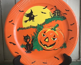 NOS Vintage Fiesta de Halloween Plato de papel PLAYA Antiguo Coleccionable Decoración navideña Otoño Caída Pantalla Calabazas Brujas Aullando Gatos negros Prop