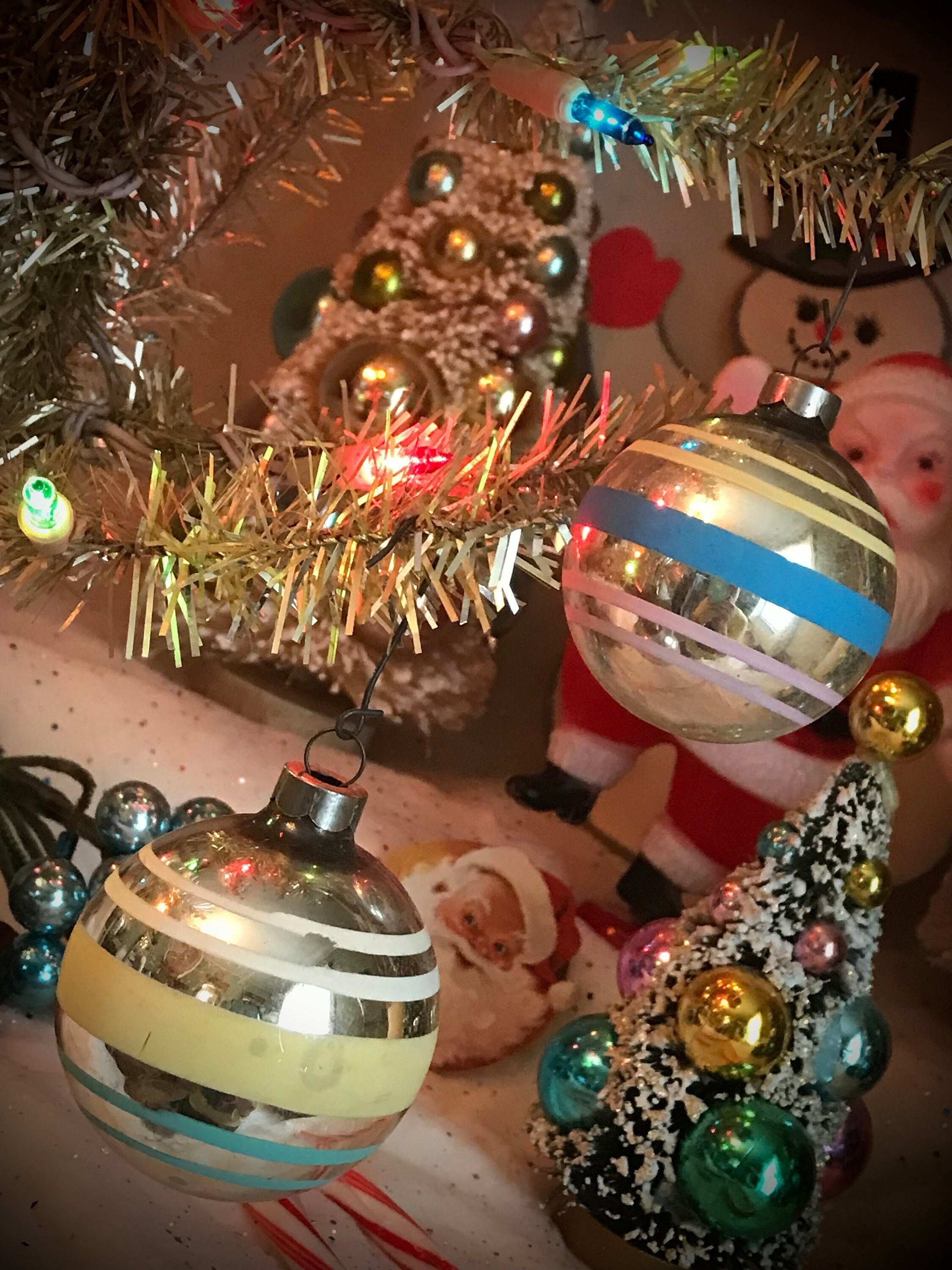 超可爱 Vintage Striped Glass 2 of Set LOT Brite Shiny Christmas アンティーク雑貨