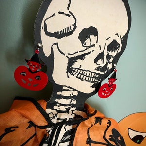 Antique Halloween Celluloid Earrings Old Orange and Black Pumpkin Witches Jack O Lanterns  Screwback Art Deco Vintage Costume Jewelry Prop