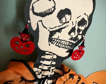 Pendientes antiguos de celuloide de Halloween, calabazas antiguas de color naranja y negro, linternas de Jack O' Lantern con cierre de rosca, bisutería Art Deco vintage