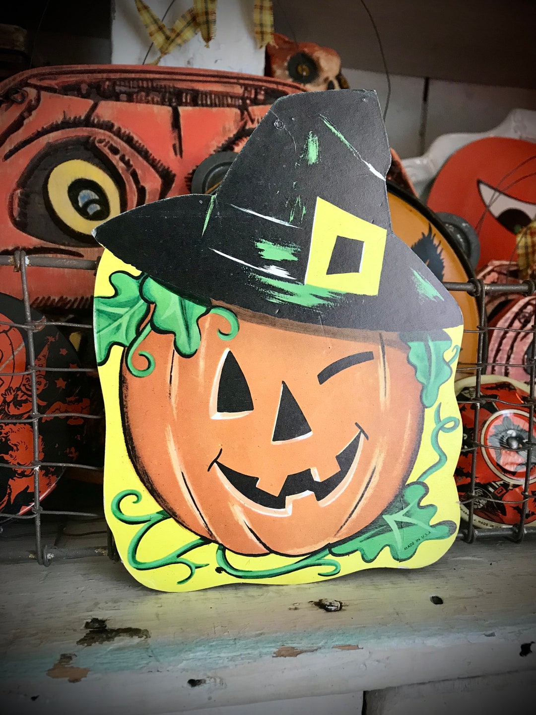 Vintage Halloween Jack O Lantern Witch Hat Old Collectible Cut