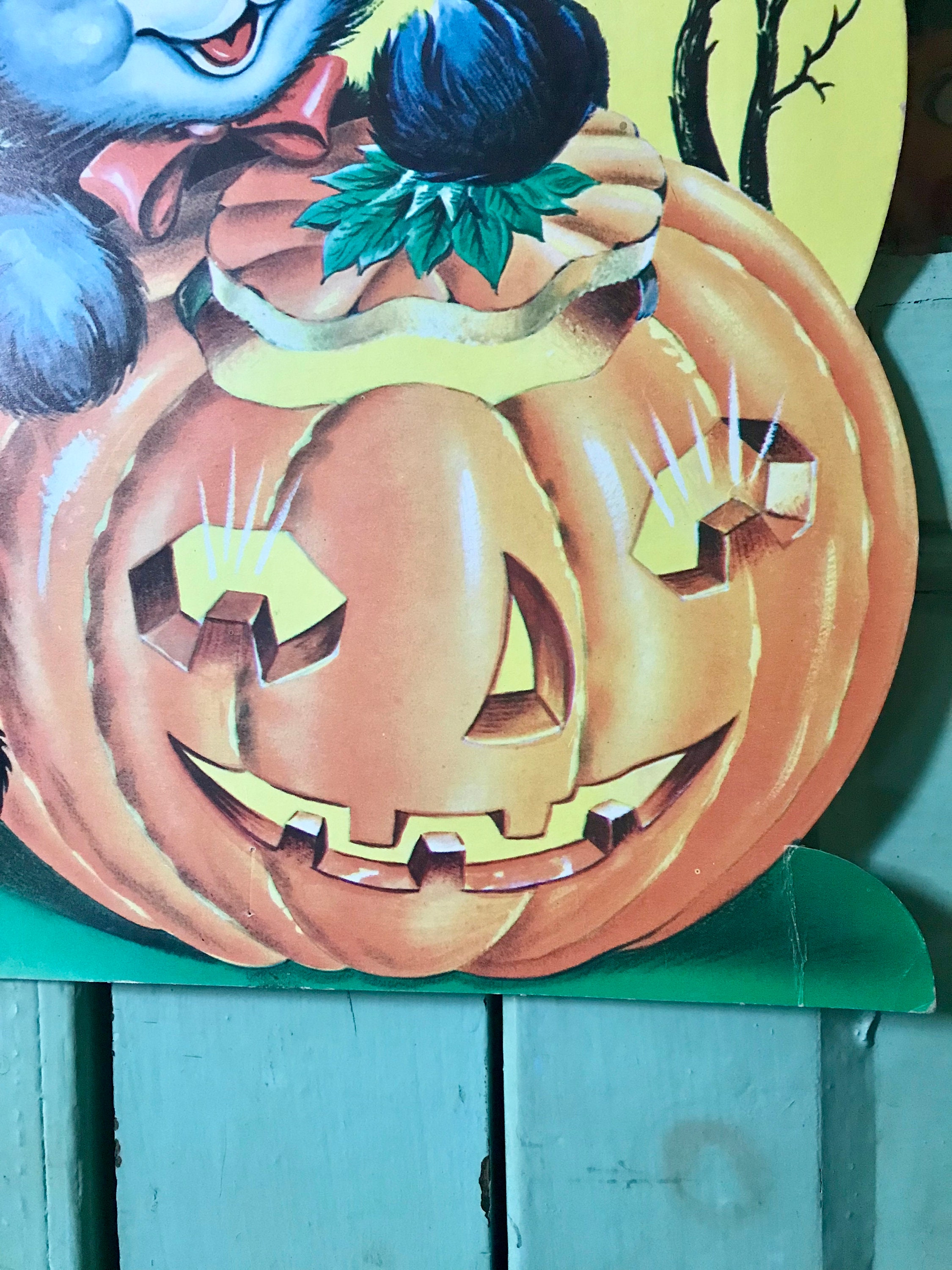 Vintage Halloween Die Cut Kitten Witch Jack O Lantern Pumpkin Head Full ...