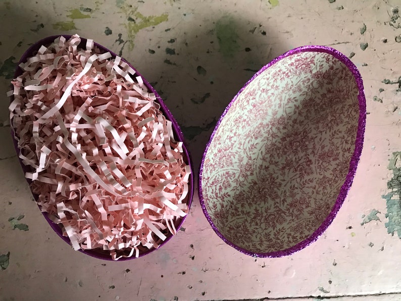 Vintage German Fuchsia Color Shiny LARGE Foil Easter Egg Candy Container Old Collectible Holiday Bunny Rabbit Basket Prop Decor Display