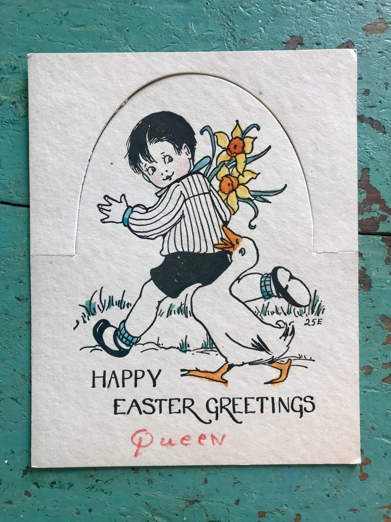 May include: A vintage Easter greeting card featuring a boy in a striped shirt carrying a bouquet of yellow daffodils while riding on a goose. The card reads "Happy Easter Greetings" and is signed "Queen".