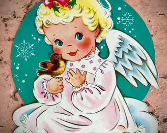 Vintage Christmas Cut Out 1960s Era Angelic Little Girl Angel Holding a Bird Snowflakes Old Collectible Holiday Die Cut Xmas Decor Display