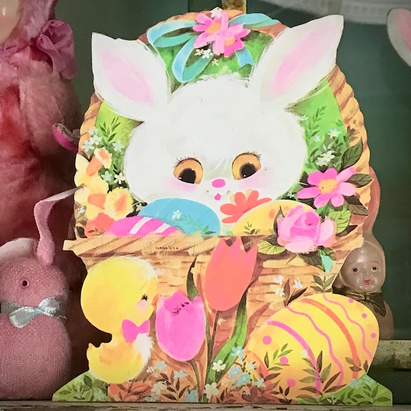 Vintage Easter Basket with Bunny Rabbit Eureka Cut Out Old Collectible 1960s Die Cut Tulips Baby Chick Eggs Decor Display Spring Prop Gift