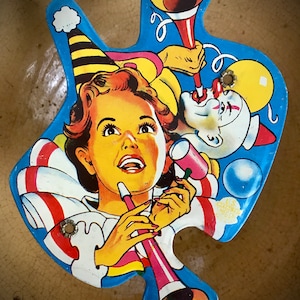 Vintage Tin Toy Clown Carnival Circus Birthday Party Old Collectible Ratchet Noisemaker 1960s Retro New Years Decor Display Table Prop Gift