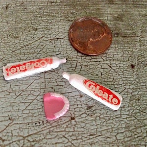 Vintage Dollhouse Miniature Colgate Toothpaste Metal Tubes Tiny Teeth Dentures Old Childs Playthings Old Collectible Bathroom Fun