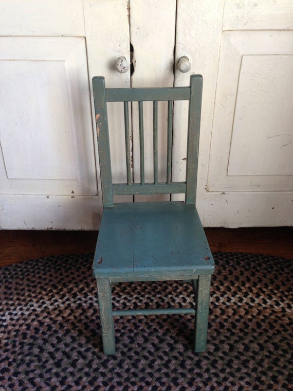 Antique Primitive Wooden Childs Chair Dark Seafoam Green Paris Manufacturing Company Maine 1920s Old Chippy Crackled Patina Decor Display
